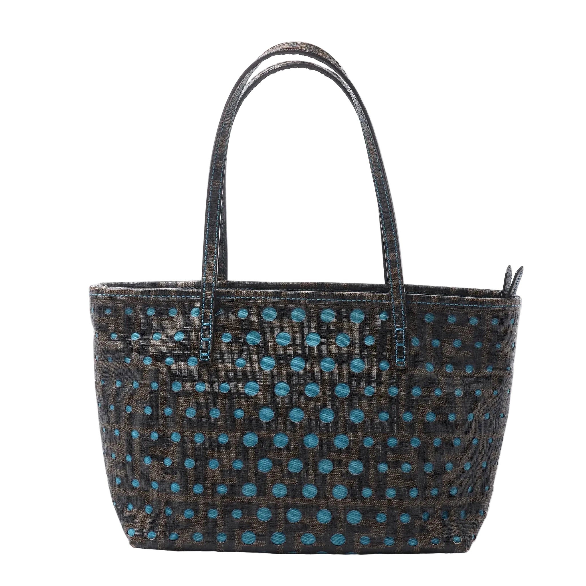 Fendi Zucca brown PVC shoulder bag with tonal FF monogram pattern, bright blue polka dots, slim top handles and blue contrast stitching.