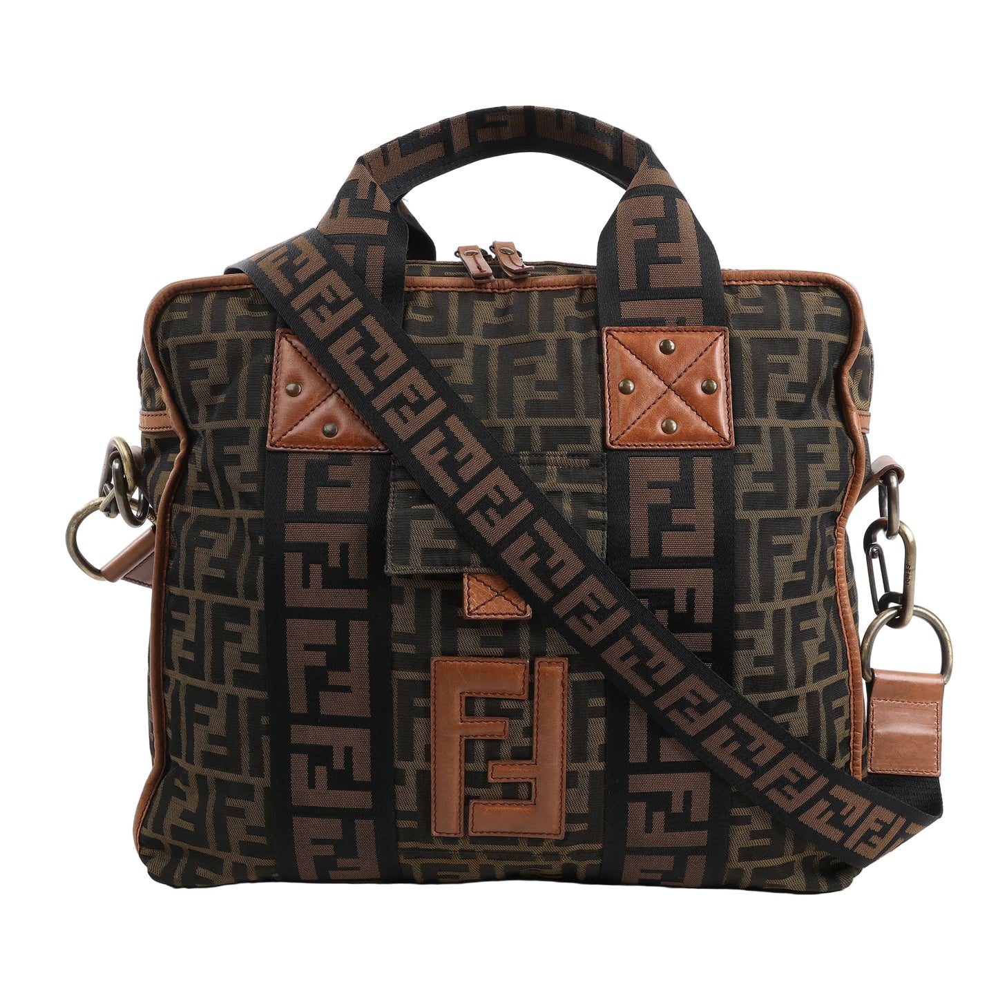 FENDI Zucca Canvas x Leather 2Way Handbag 7VA158 in brown FF monogram canvas with tan leather accents, dual top handles, adjustable logo strap, and front leather "FF" patch, displayed upright against a white background.
