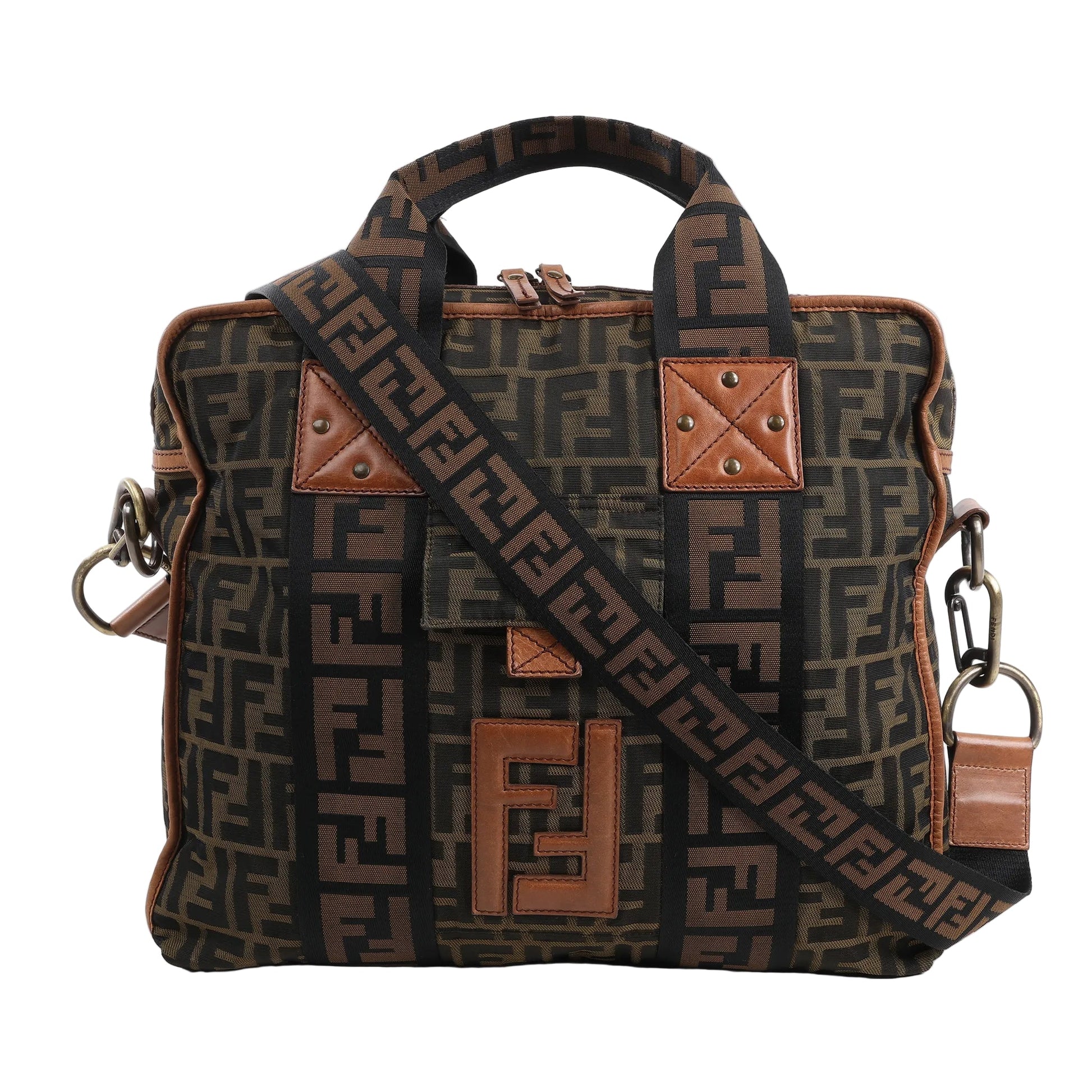 FENDI Zucca Canvas x Leather 2Way Handbag 7VA158 in brown FF monogram canvas with tan leather accents, dual top handles, adjustable logo strap, and front leather "FF" patch, displayed upright against a white background.