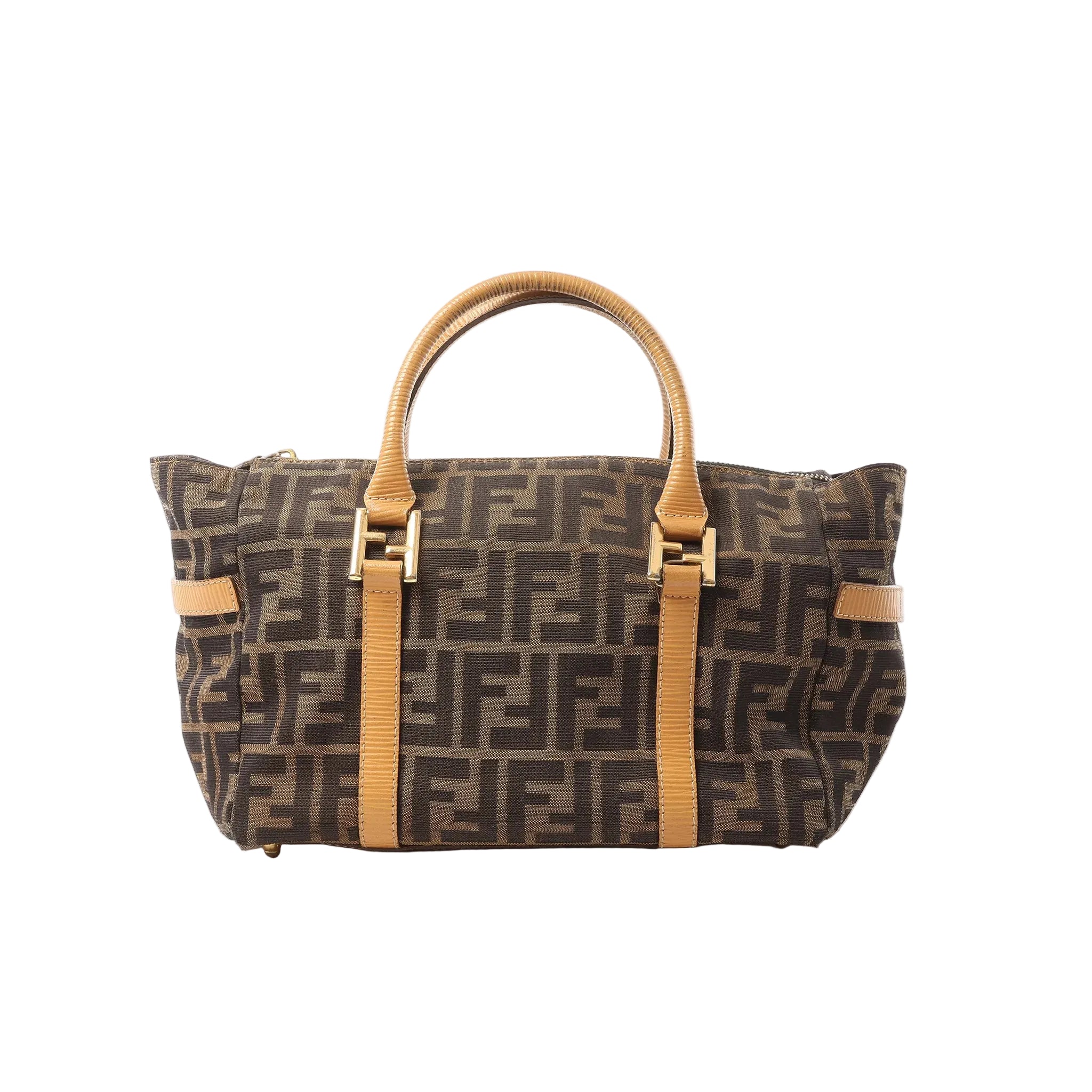 Fendi Zucca FF monogram canvas handbag in brown with tan leather double top handles, tan leather trim, and gold-tone hardware