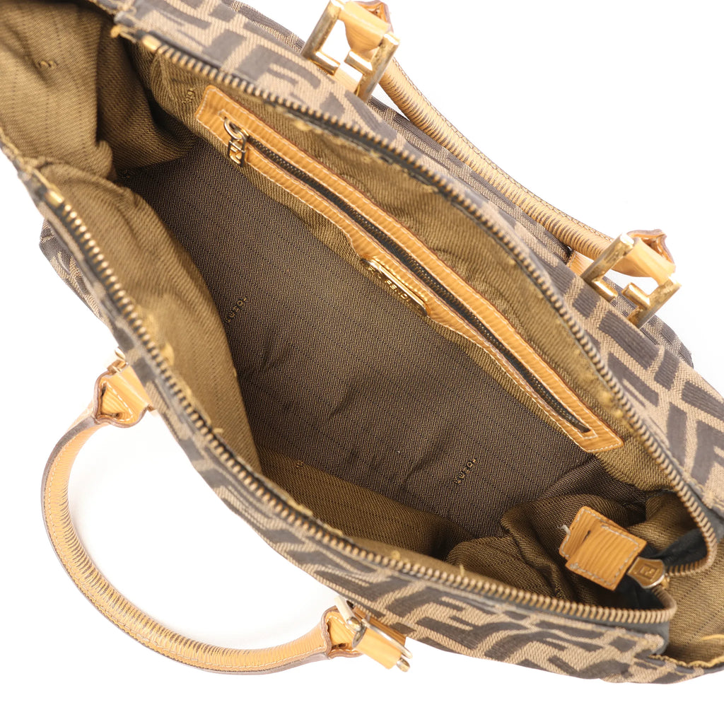 FENDI Zucca Canvas x Leather Handbag in Brown