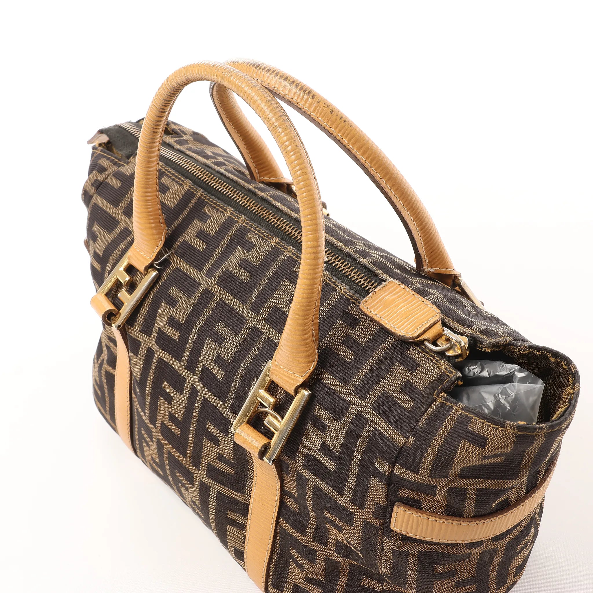 FENDI Zucca Canvas x Leather Handbag in Brown