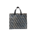 Fendi Zucca tote bag in blue and black FF coated canvas with black leather top handles on a white background