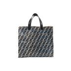 Fendi Zucca tote bag in blue and black FF coated canvas with black leather top handles on a white background