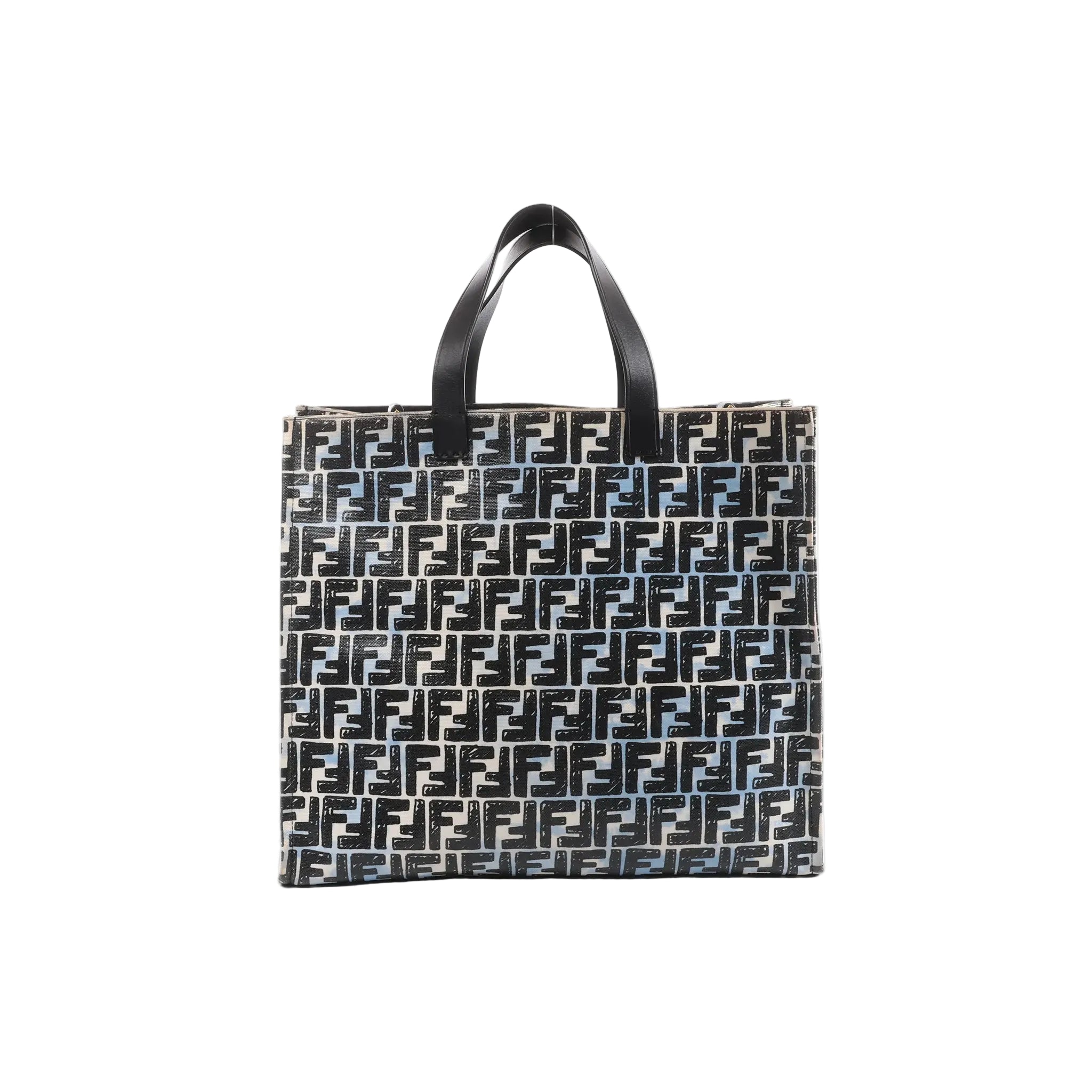 Fendi Zucca tote bag in blue and black FF coated canvas with black leather top handles on a white background