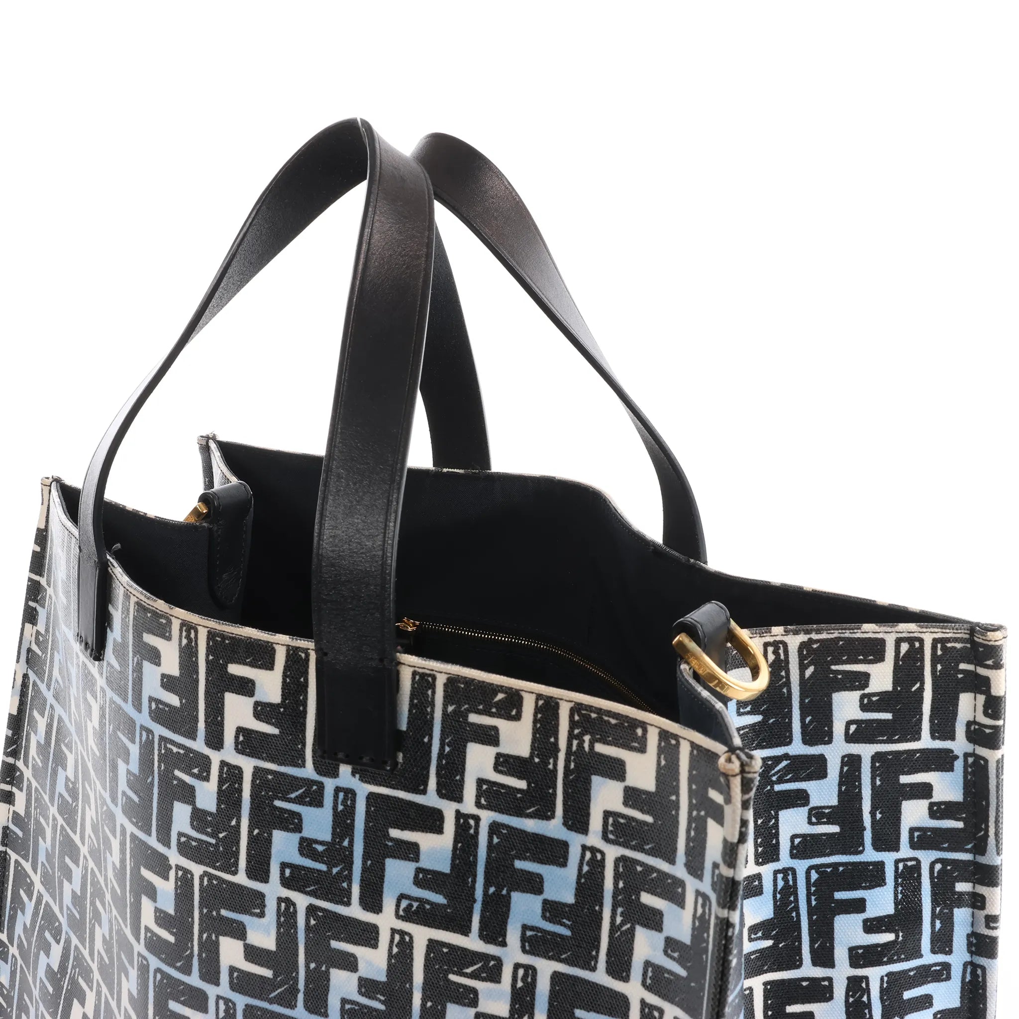 FENDI Zucca Coated Canvas x Leather Handbag in Blue x Black 8BH357
