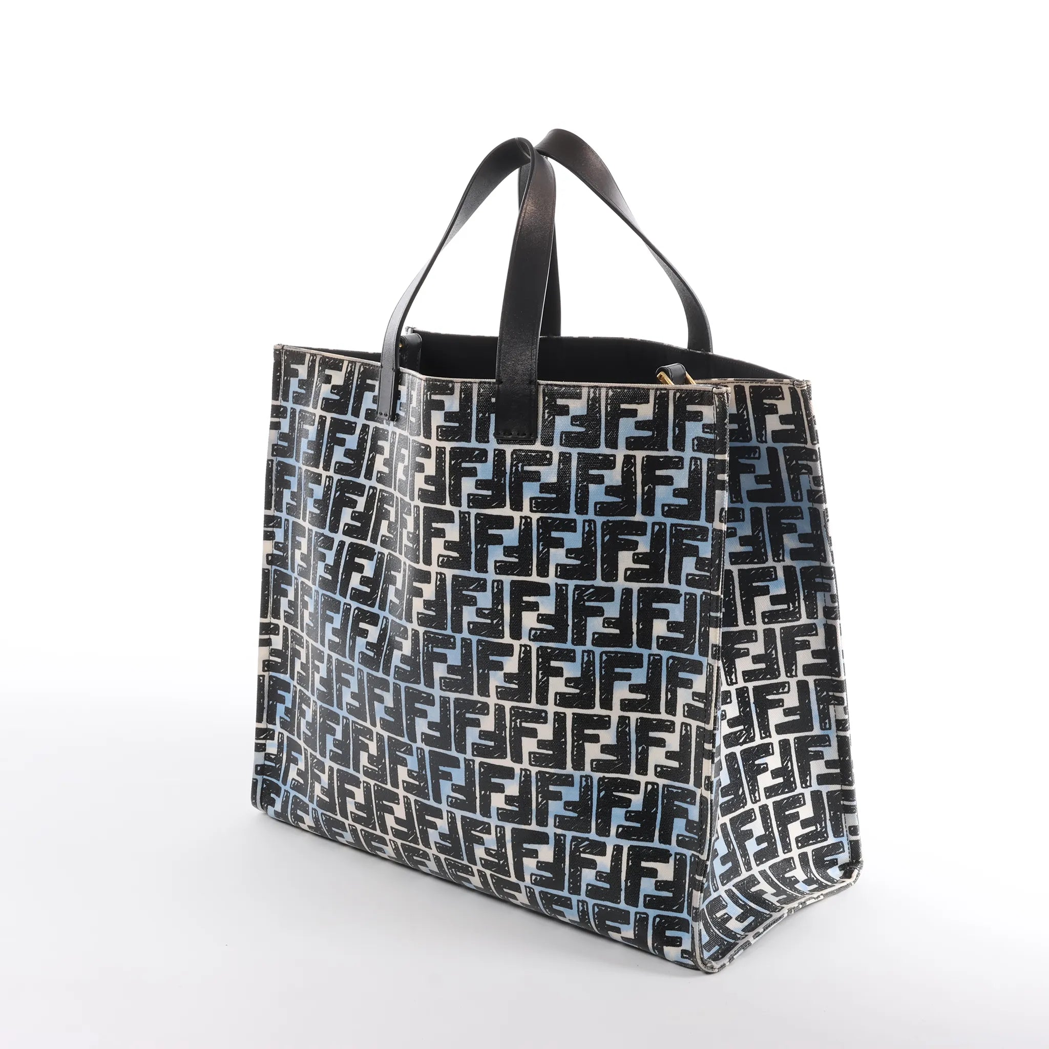 FENDI Zucca Coated Canvas x Leather Handbag in Blue x Black 8BH357