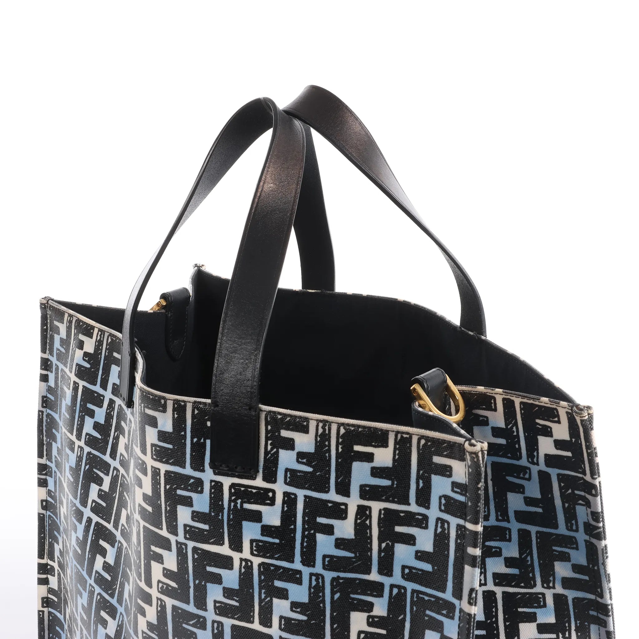 FENDI Zucca Coated Canvas x Leather Handbag in Blue x Black 8BH357