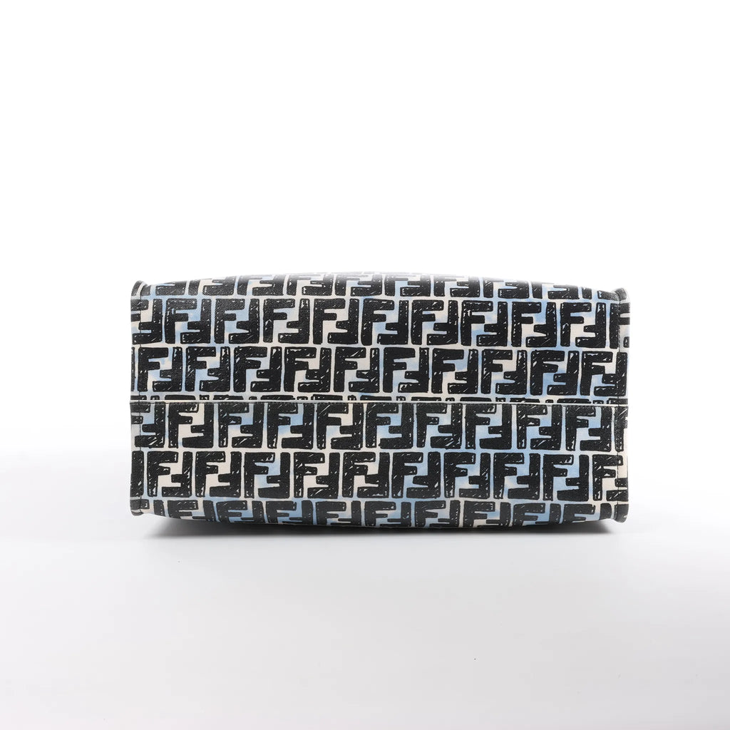 FENDI Zucca Coated Canvas x Leather Handbag in Blue x Black 8BH357