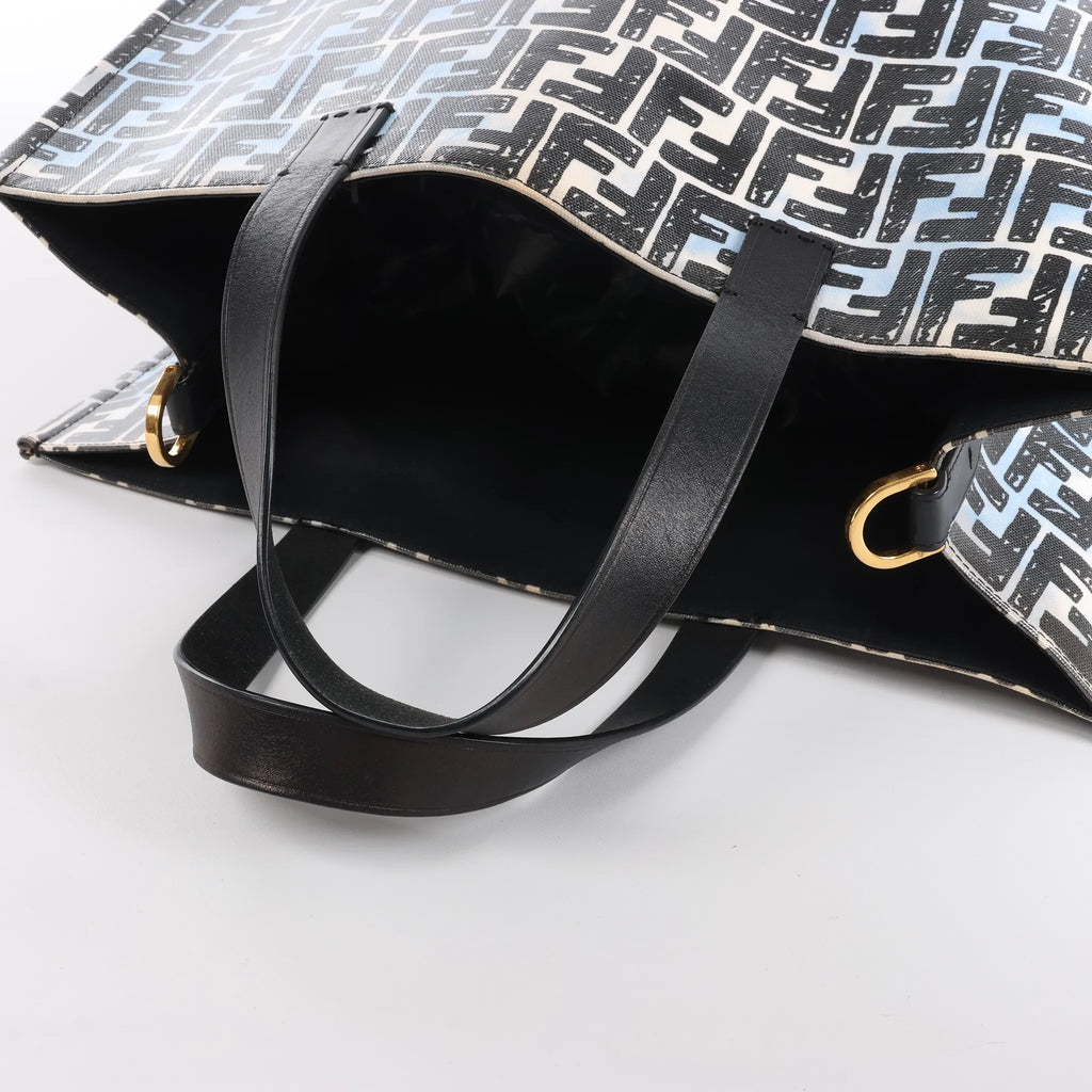 FENDI Zucca Coated Canvas x Leather Handbag in Blue x Black 8BH357