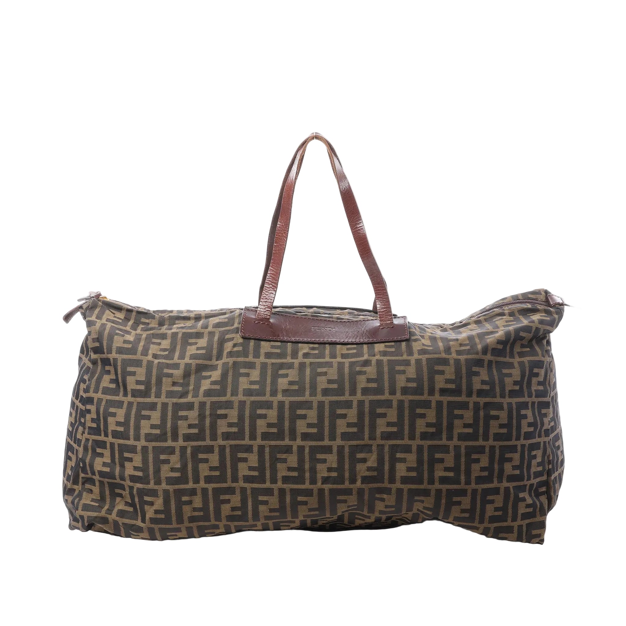 Fendi Zucca FF monogram canvas travel bag with brown leather top handles and zip-top closure on white background.