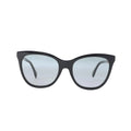 Fendi black wayfarer sunglasses with softly tinted gray lenses, curved glossy frame, wide temples and visible FF logo detail on white background.