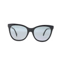 Fendi black wayfarer sunglasses with softly tinted gray lenses, curved glossy frame, wide temples and visible FF logo detail on white background.