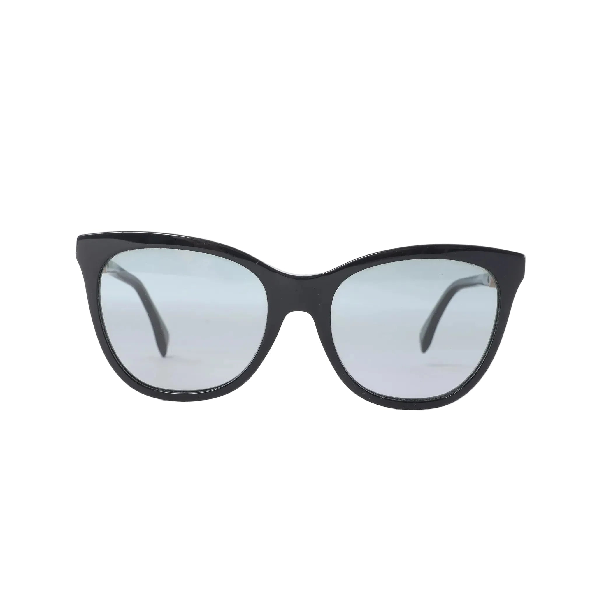Fendi black wayfarer sunglasses with softly tinted gray lenses, curved glossy frame, wide temples and visible FF logo detail on white background.