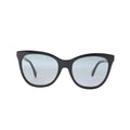 Fendi black wayfarer sunglasses with softly tinted gray lenses, curved glossy frame, wide temples and visible FF logo detail on white background.