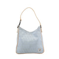 Front view of a pale blue Fendi shoulder bag with a repeating FF pattern, beige leather piping and strap, and a silver-tone FF plaque near the base.