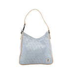 Front view of a pale blue Fendi shoulder bag with a repeating FF pattern, beige leather piping and strap, and a silver-tone FF plaque near the base.