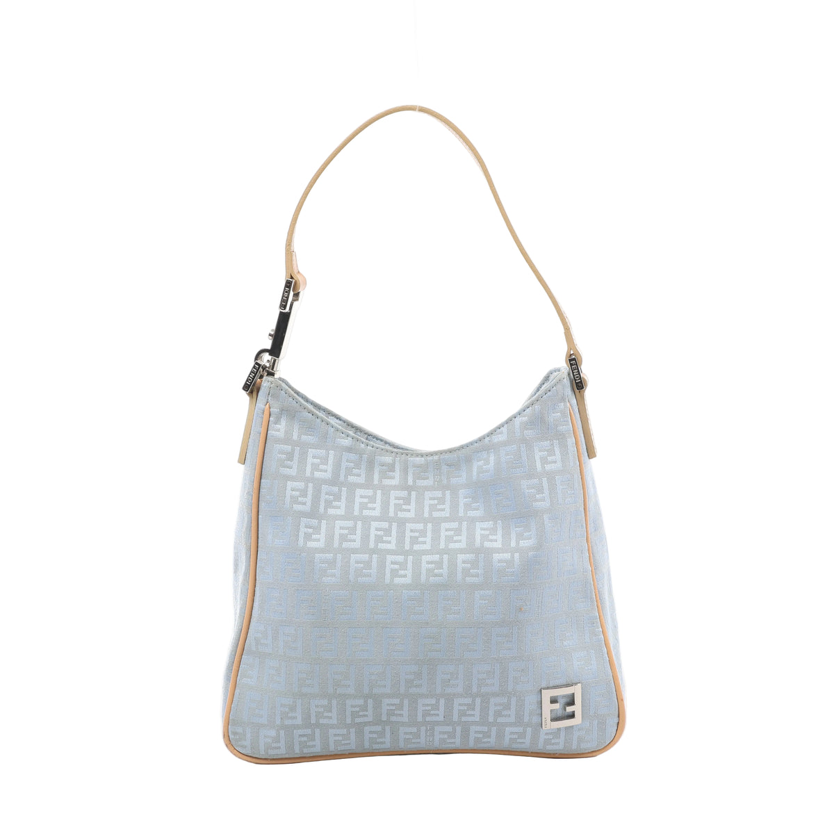 Front view of a pale blue Fendi shoulder bag with a repeating FF pattern, beige leather piping and strap, and a silver-tone FF plaque near the base.