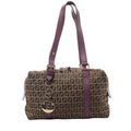 Brown Fendi Zucchino canvas shoulder bag with repeating FF pattern, purple leather handles and trim, and gold-tone Fendi logo charms.