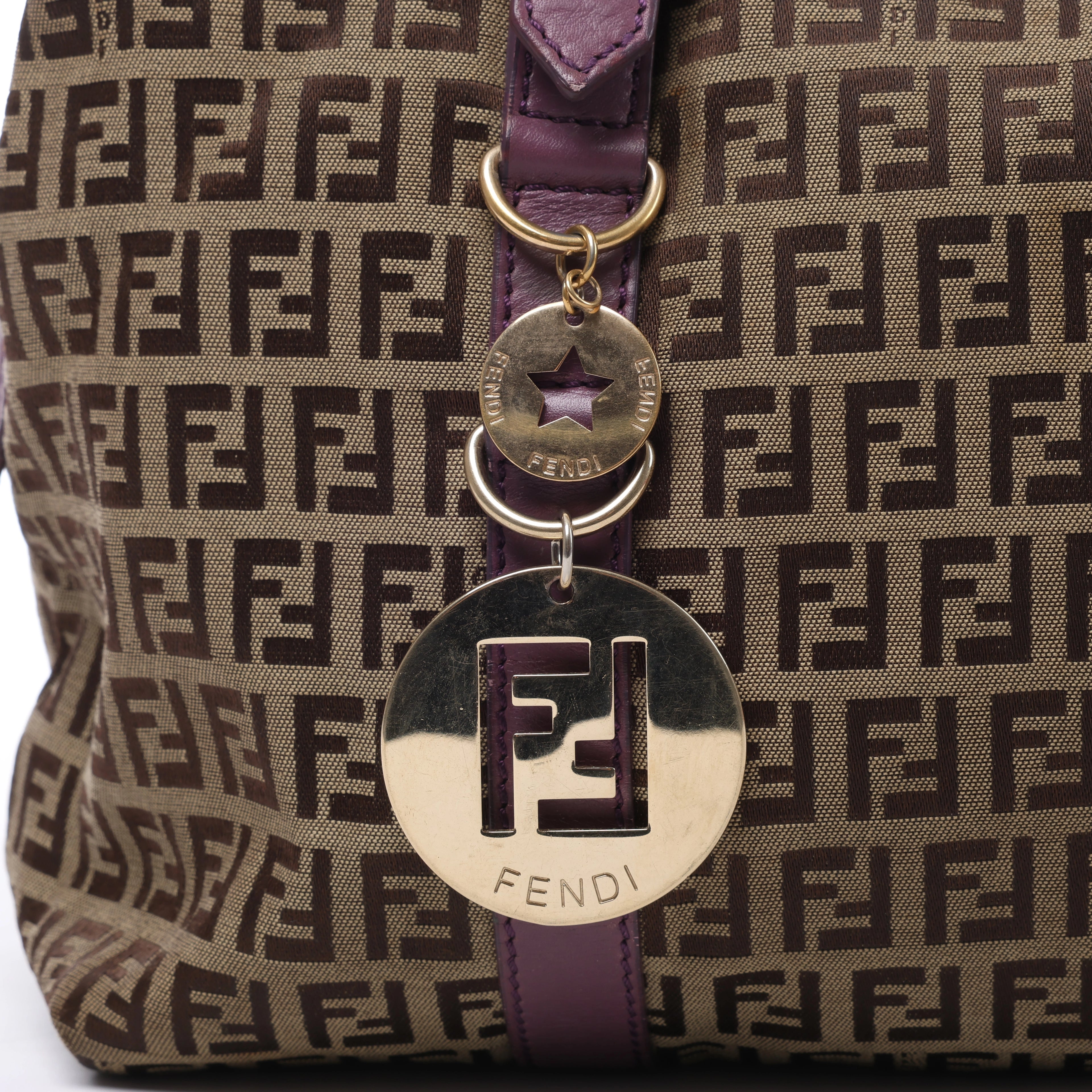 Bolso de hombro FENDI Zucchino Mamma de lona y piel en marrón