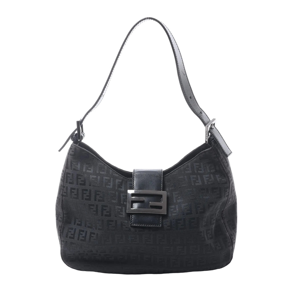 Fendi Mamma Baguette black Zucchino canvas shoulder bag with leather trim, adjustable strap and dark-tone FF buckle.