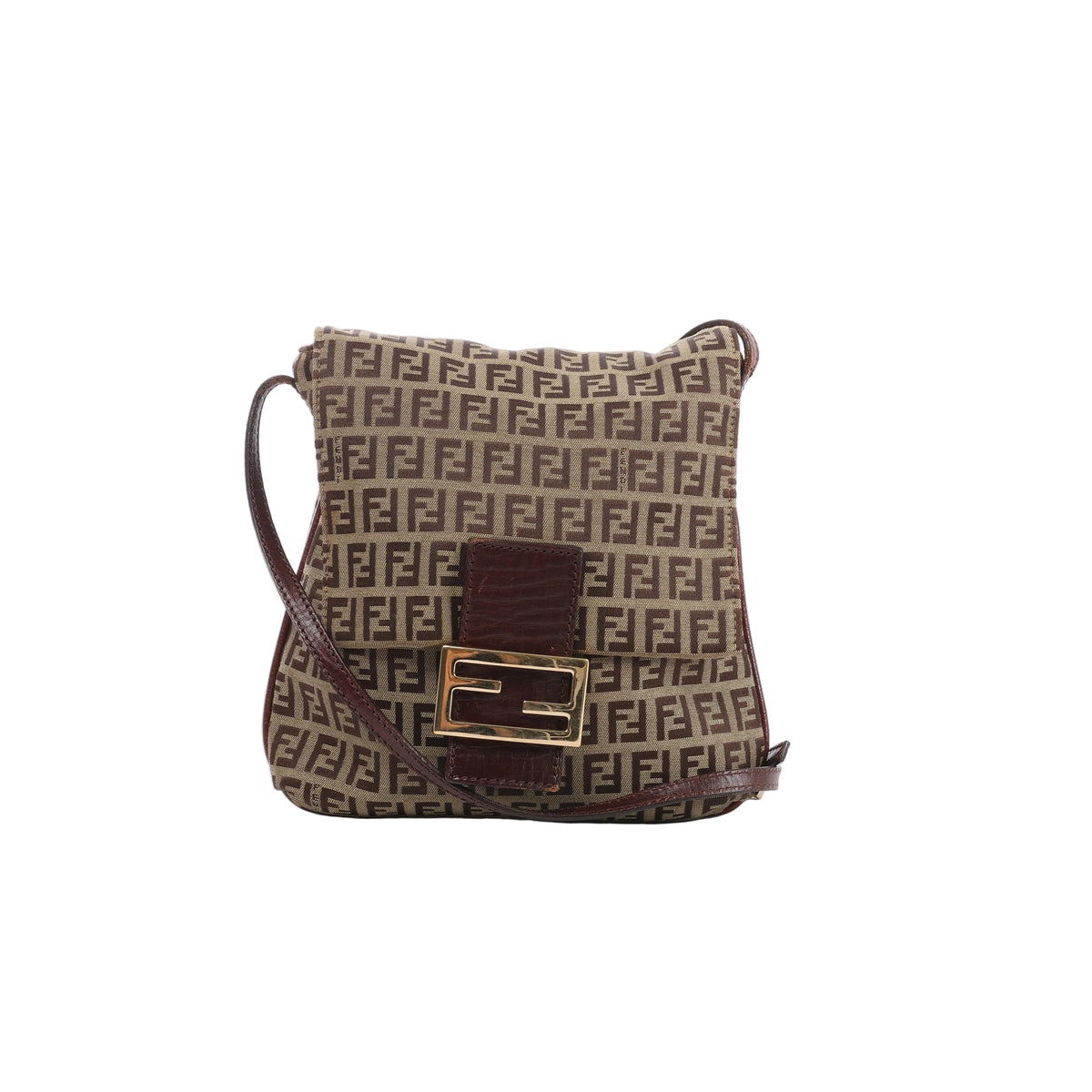 A brown Fendi Zucchino canvas crossbody bag with small FF monogram pattern, brown leather trim, long shoulder strap, and gold-tone FF logo buckle.