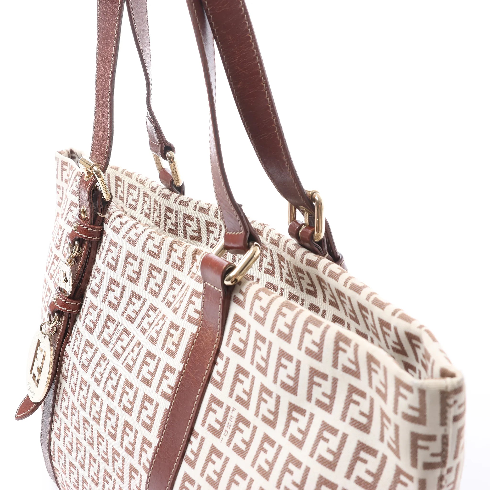 FENDI Zucchino Canvas & Leather Shoulder Bag in Beige 8BH215