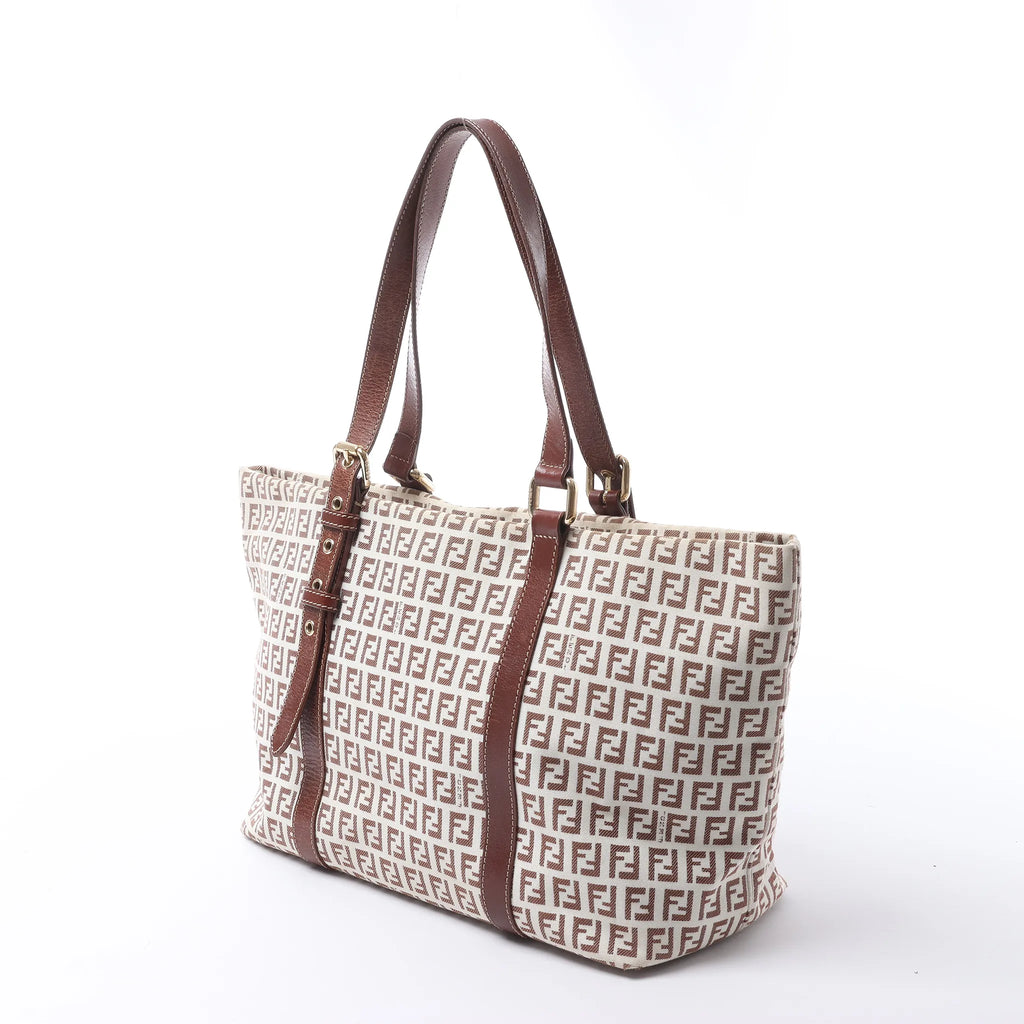 FENDI Zucchino Canvas & Leather Shoulder Bag in Beige 8BH215