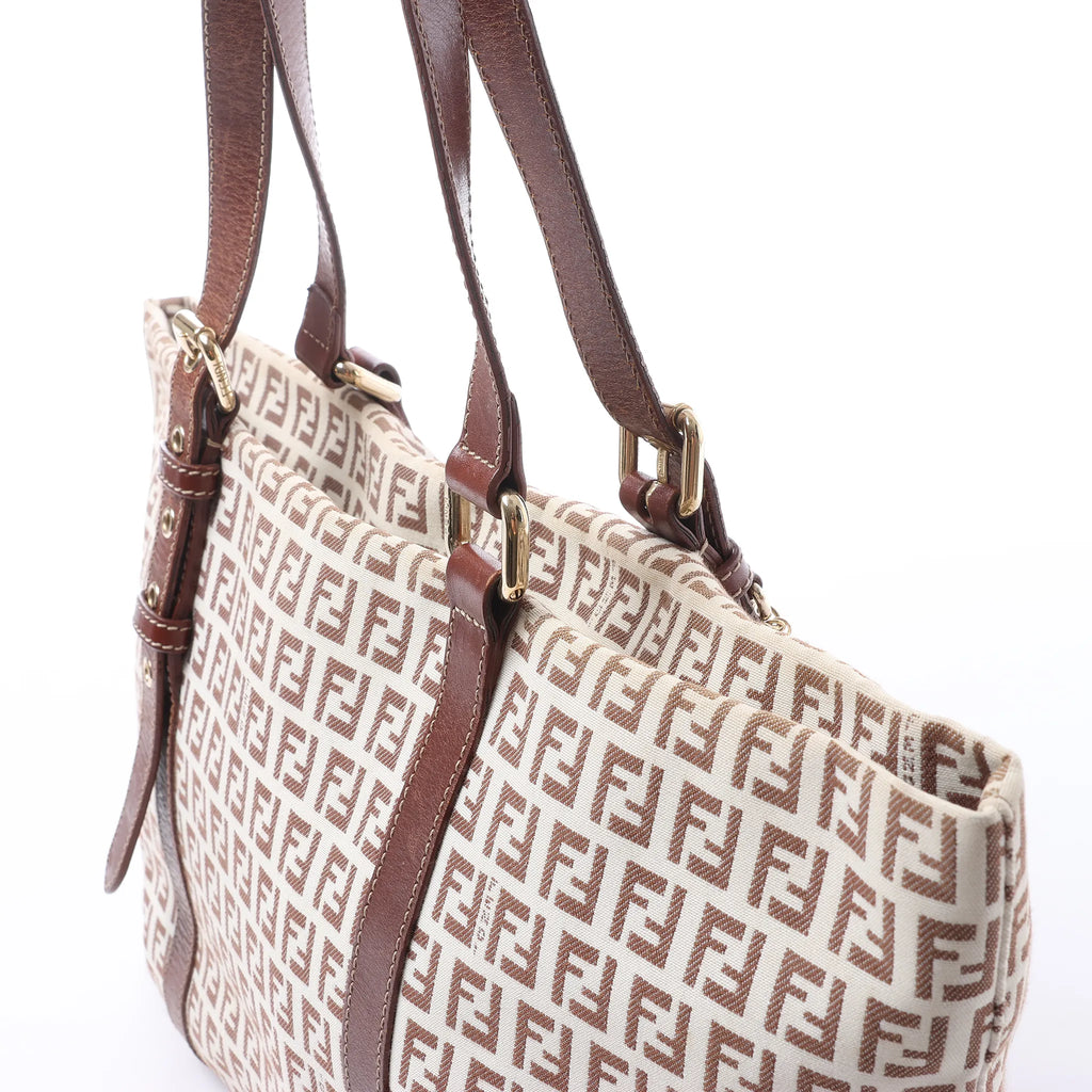 FENDI Zucchino Canvas & Leather Shoulder Bag in Beige 8BH215