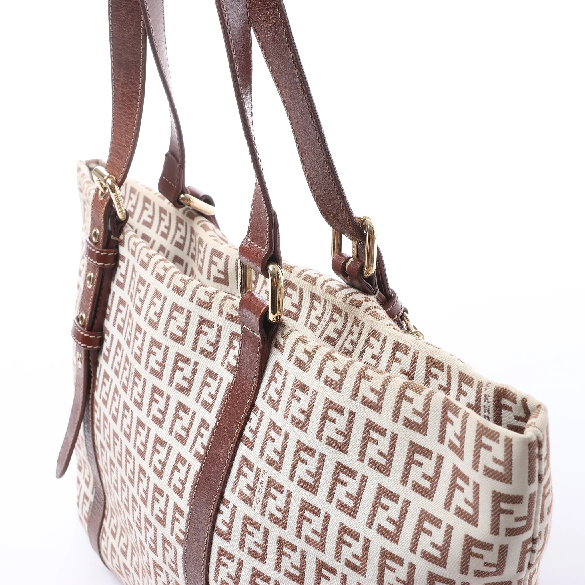 FENDI Zucchino Canvas & Leather Shoulder Bag in Beige 8BH215