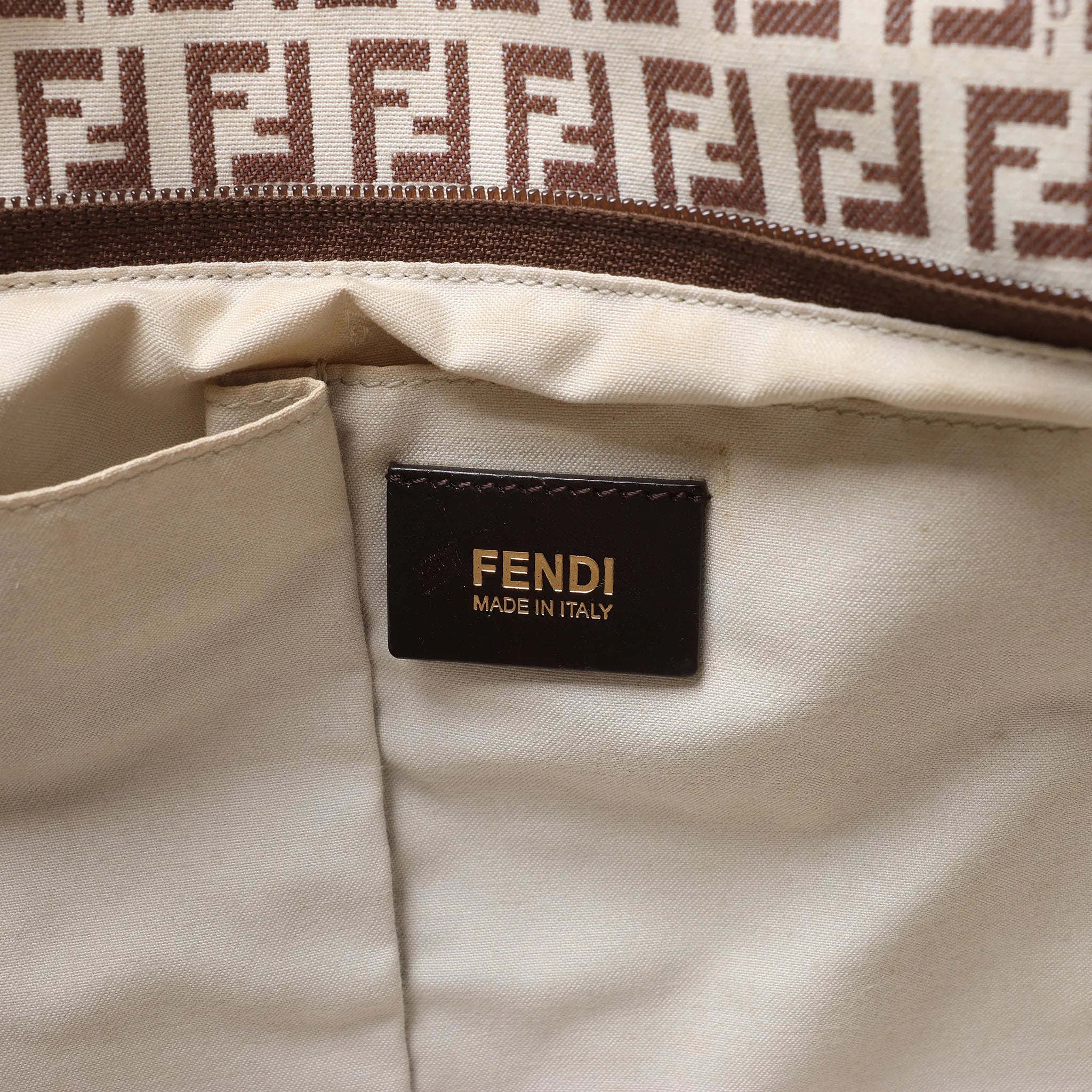 FENDI Zucchino Canvas & Leather Shoulder Bag in Beige 8BH215