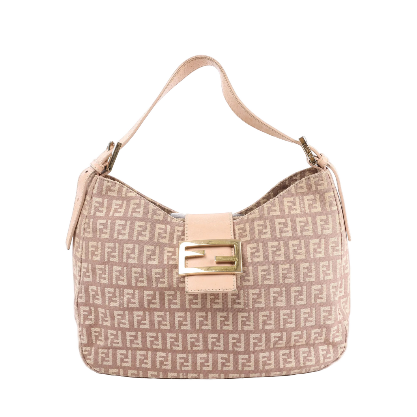 Front view of the FENDI Mamma Baguette Zucchino Canvas & Leather Shoulder Bag in pink, showcasing allover Zucchino FF logo pattern, light pink leather strap and flap closure, and gold-tone FF buckle, displayed against a white background.