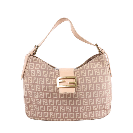 Front view of the FENDI Mamma Baguette Zucchino Canvas & Leather Shoulder Bag in pink, showcasing allover Zucchino FF logo pattern, light pink leather strap and flap closure, and gold-tone FF buckle, displayed against a white background.