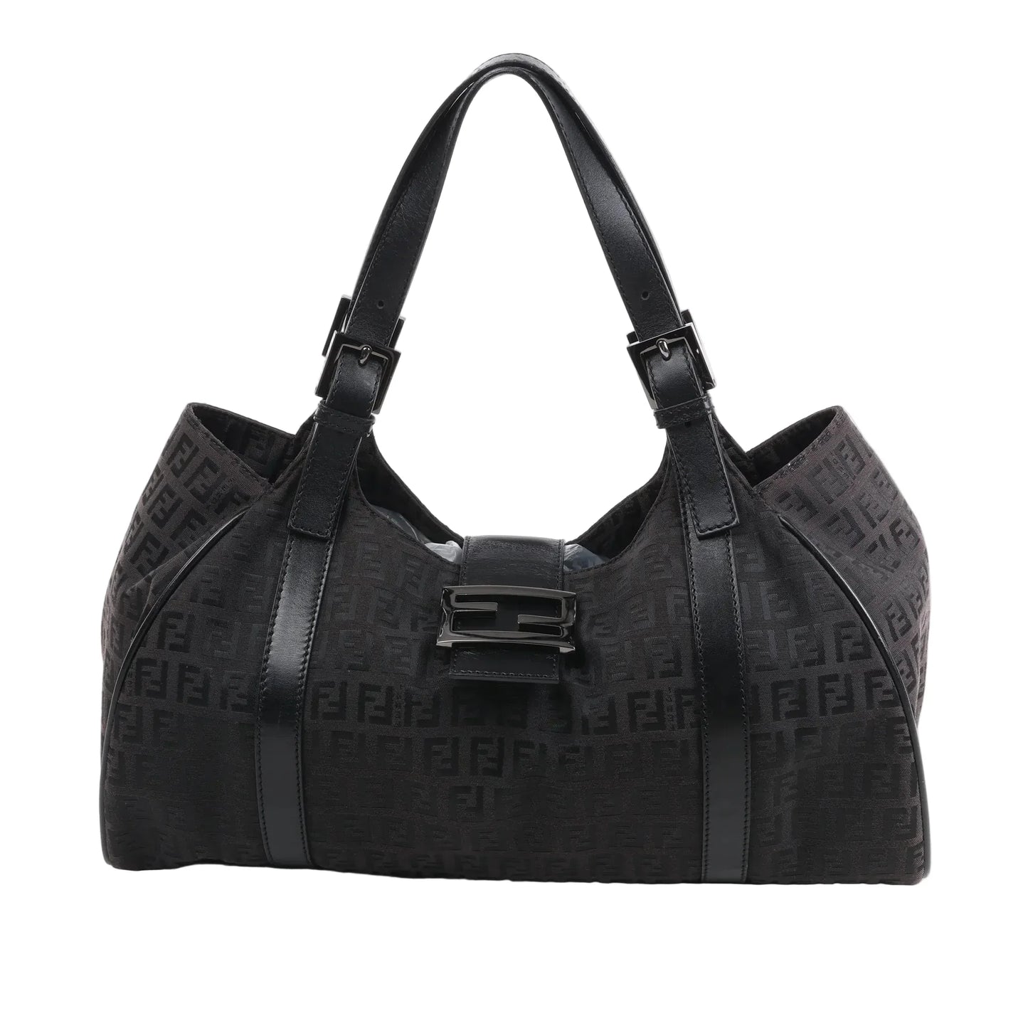 Front view of the FENDI Zucchino Canvas x Leather Handbag 8BR091 in brown, showcasing allover FF monogram canvas, black leather trim and shoulder straps with buckle accents, and a flap closure with black enamel FF buckle, displayed against a white background.