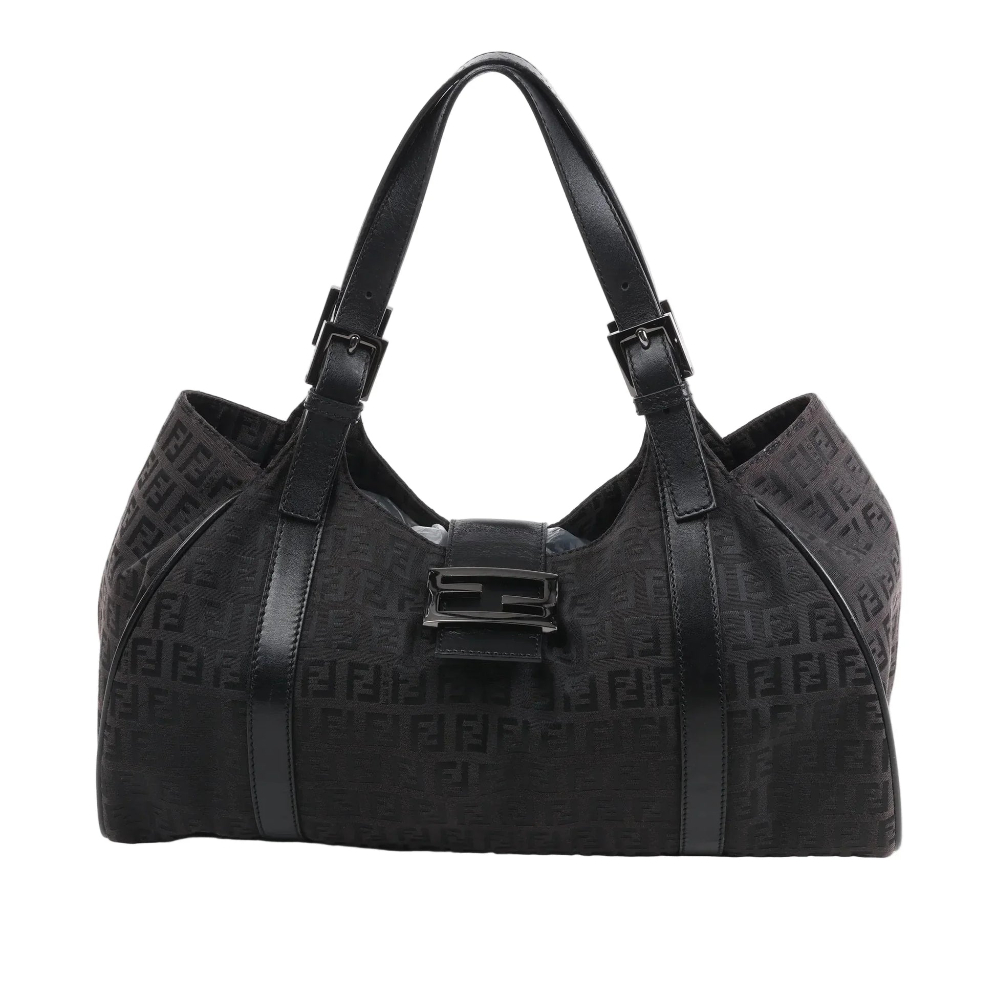 Front view of the FENDI Zucchino Canvas x Leather Handbag 8BR091 in brown, showcasing allover FF monogram canvas, black leather trim and shoulder straps with buckle accents, and a flap closure with black enamel FF buckle, displayed against a white background.