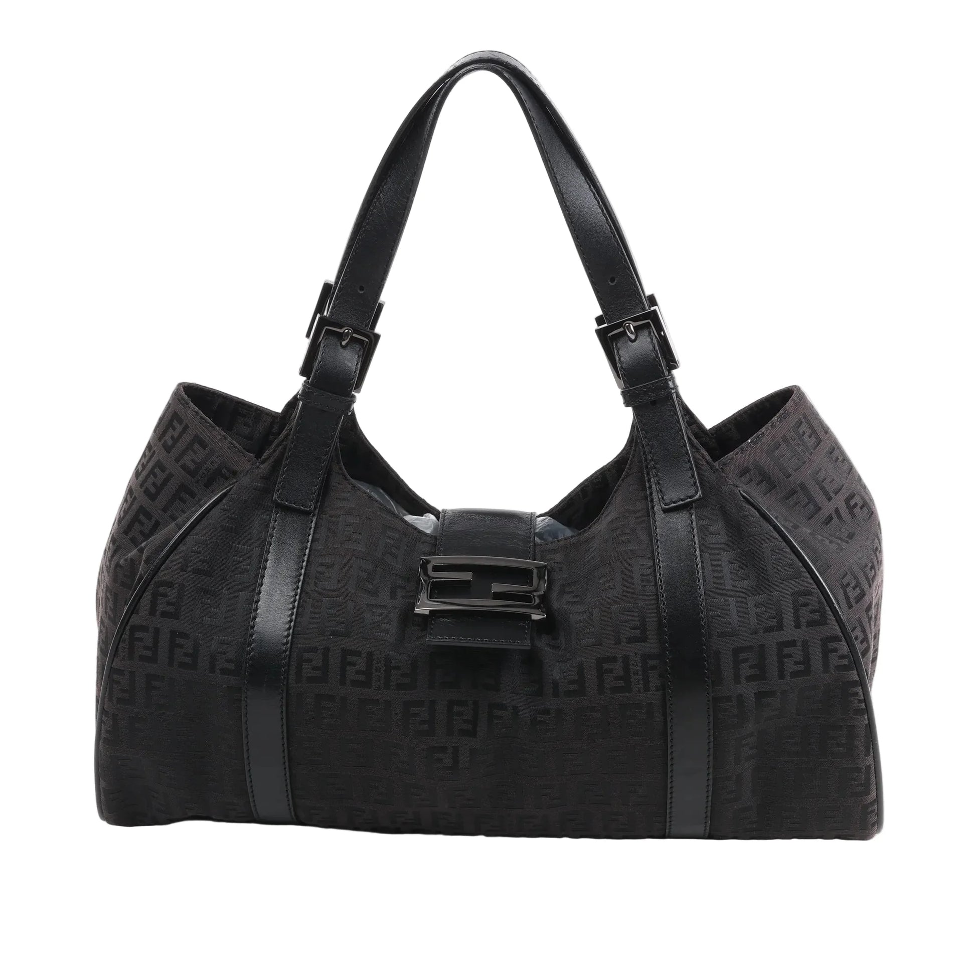 Front view of the FENDI Zucchino Canvas x Leather Handbag 8BR091 in brown, showcasing allover FF monogram canvas, black leather trim and shoulder straps with buckle accents, and a flap closure with black enamel FF buckle, displayed against a white background.