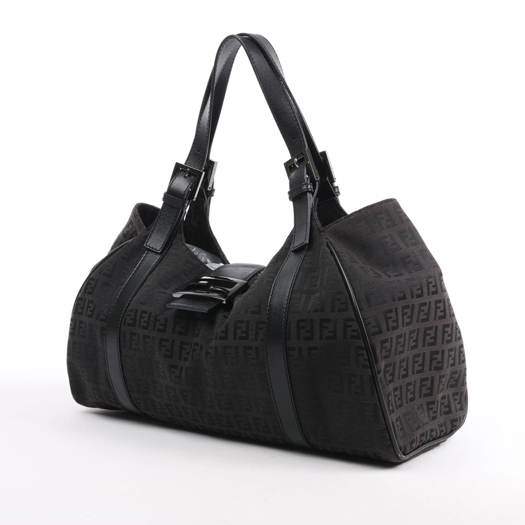 FENDI Zucchino Canvas x Leather Handbag in Brown 8BR091