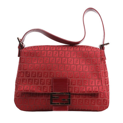 FENDI Zucchino Mamma Baguette Shoulder Bag 8BR001 in red canvas with all-over FF monogram print, red leather strap and flap, and black logo buckle closure, displayed against a white background.