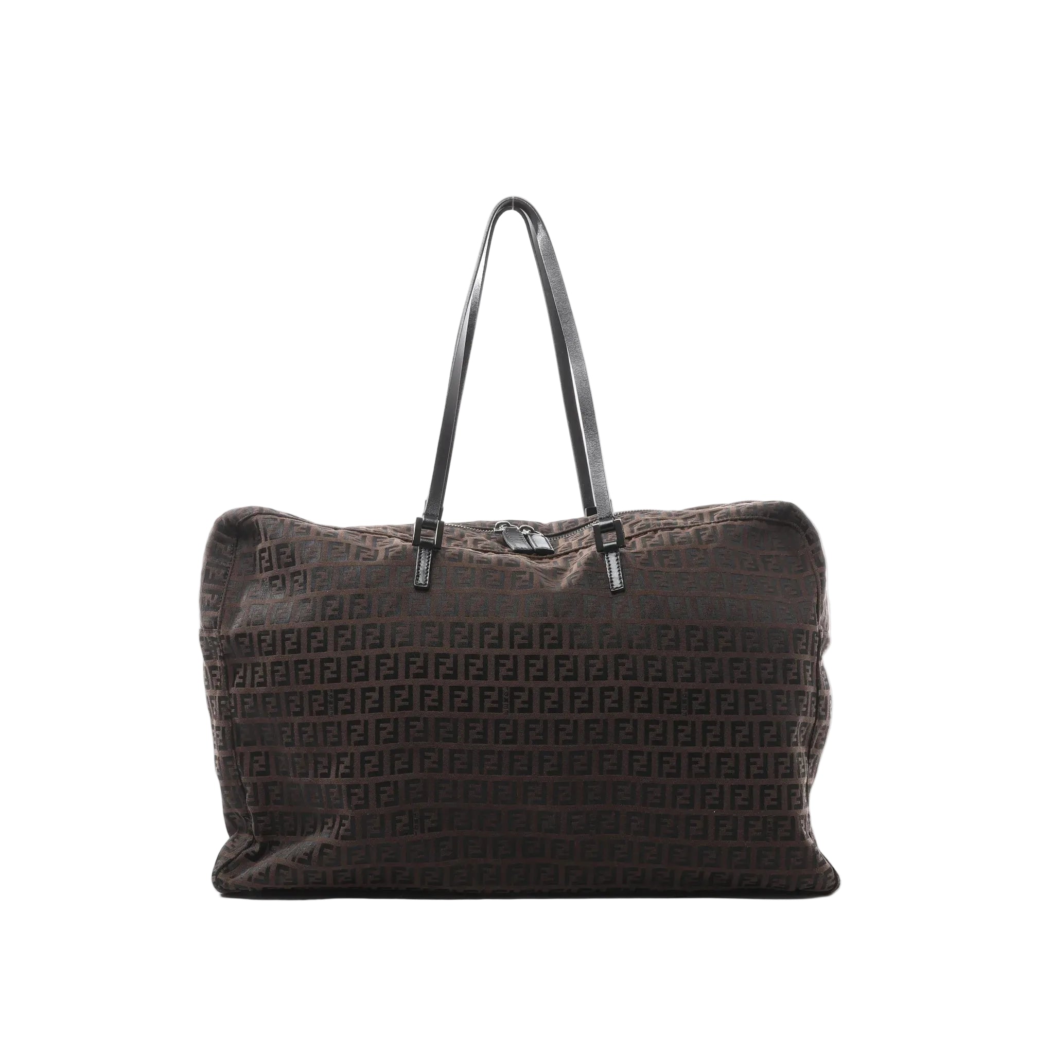 Brown Fendi Zucchino logo canvas tote handbag with repeating FF pattern, black leather shoulder straps, and top zipper closure, shown on a white background.