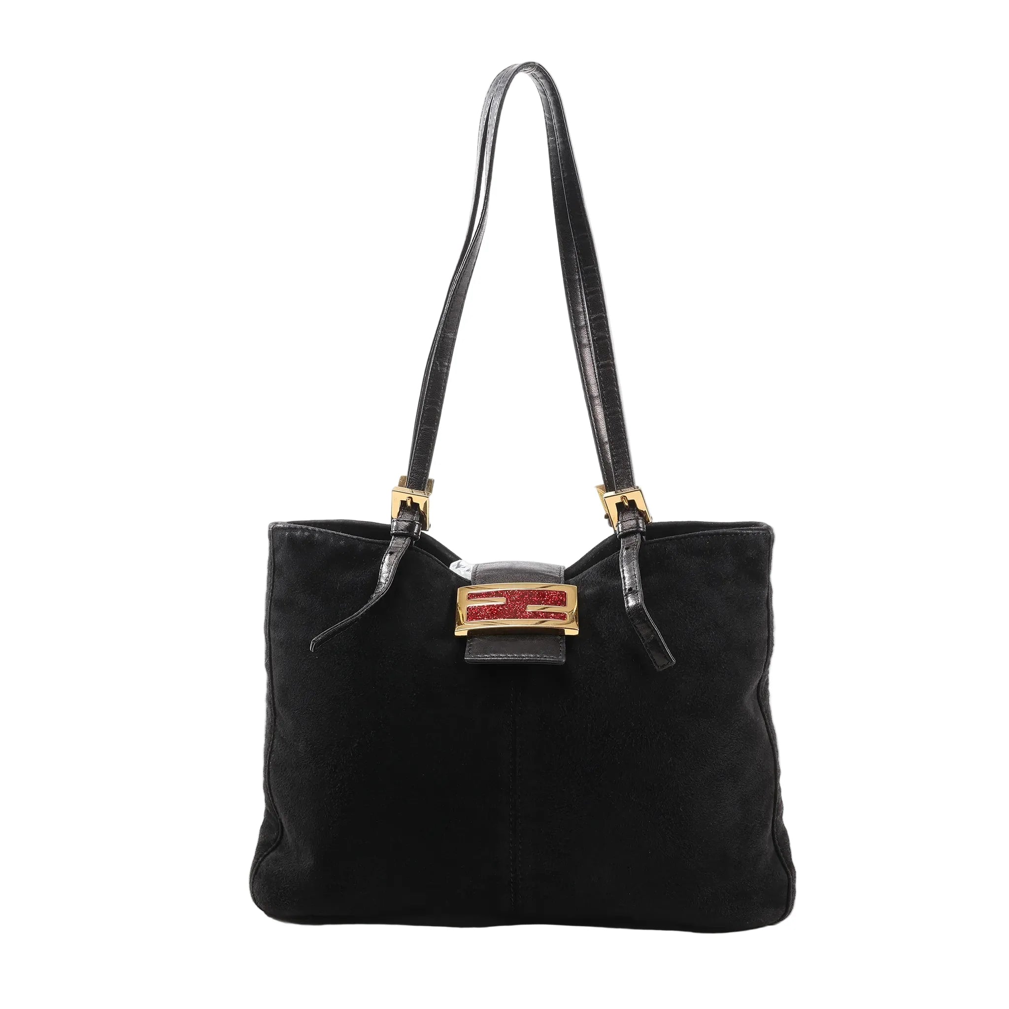 FENDI shoulder bag in black suede with black leather handles and trim, featuring a gold-tone clasp with red glitter FF logo detail, dual shoulder straps, and a soft, structured silhouette, set against a white background.