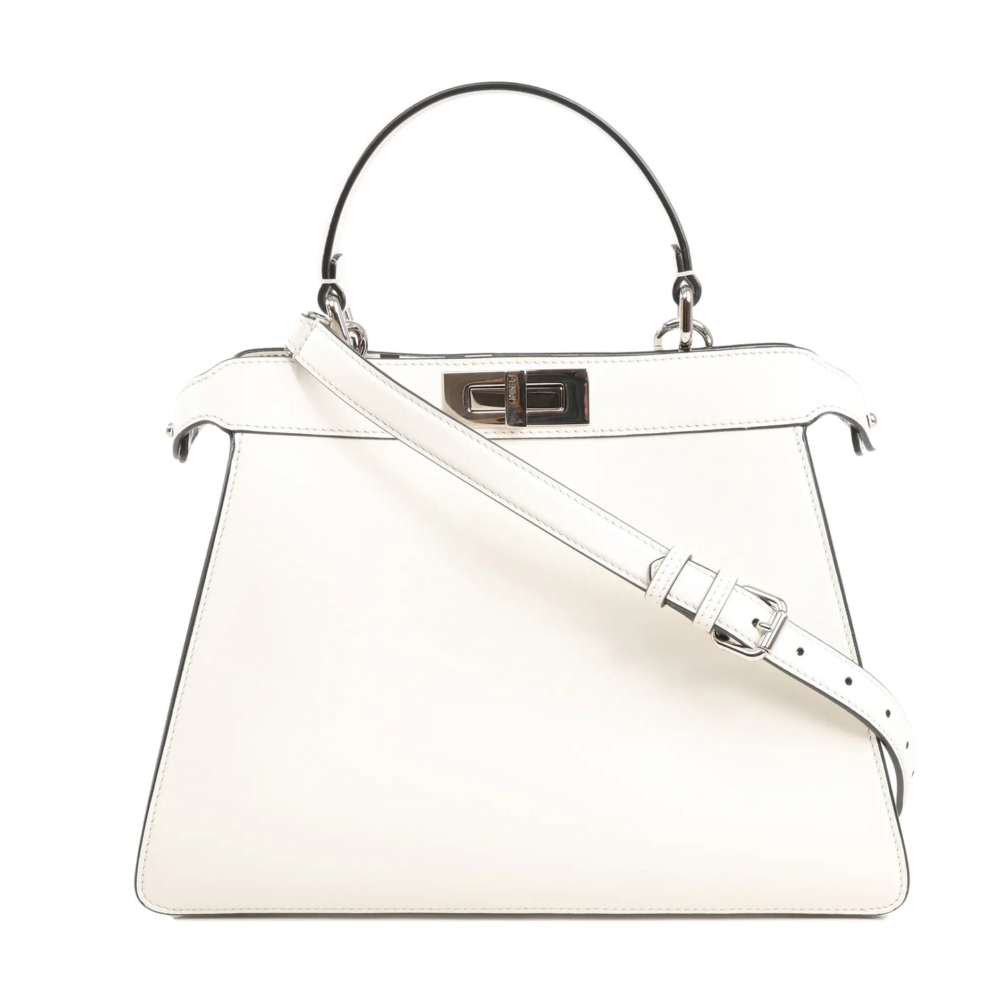 Fendi x Marc Jacobs Peekaboo ICU Medium 8BN321 white leather handbag with top handle, silver-tone twist-lock closure, and adjustable shoulder strap.