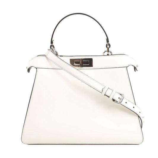 Fendi x Marc Jacobs Peekaboo ICU Medium 8BN321 white leather handbag with top handle, silver-tone twist-lock closure, and adjustable shoulder strap.