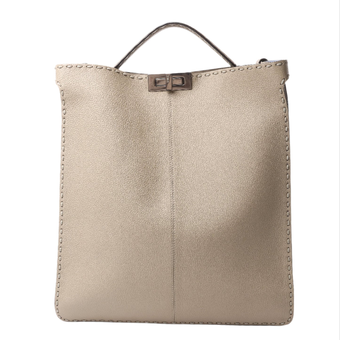Beige leather handbag with a sleek, minimalist silhouette and signature twist-lock closure.