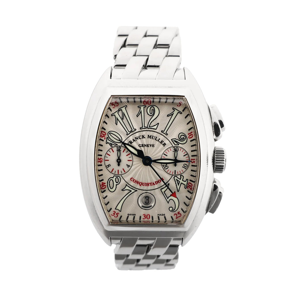 Franck Muller Conquistador 8002CC 1138 automatic watch featuring a beige guilloché dial, black and red numerals, subdials, date window, and stainless steel bracelet.