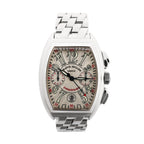 Franck Muller Conquistador 8002CC 1138 automatic watch featuring a beige guilloché dial, black and red numerals, subdials, date window, and stainless steel bracelet.