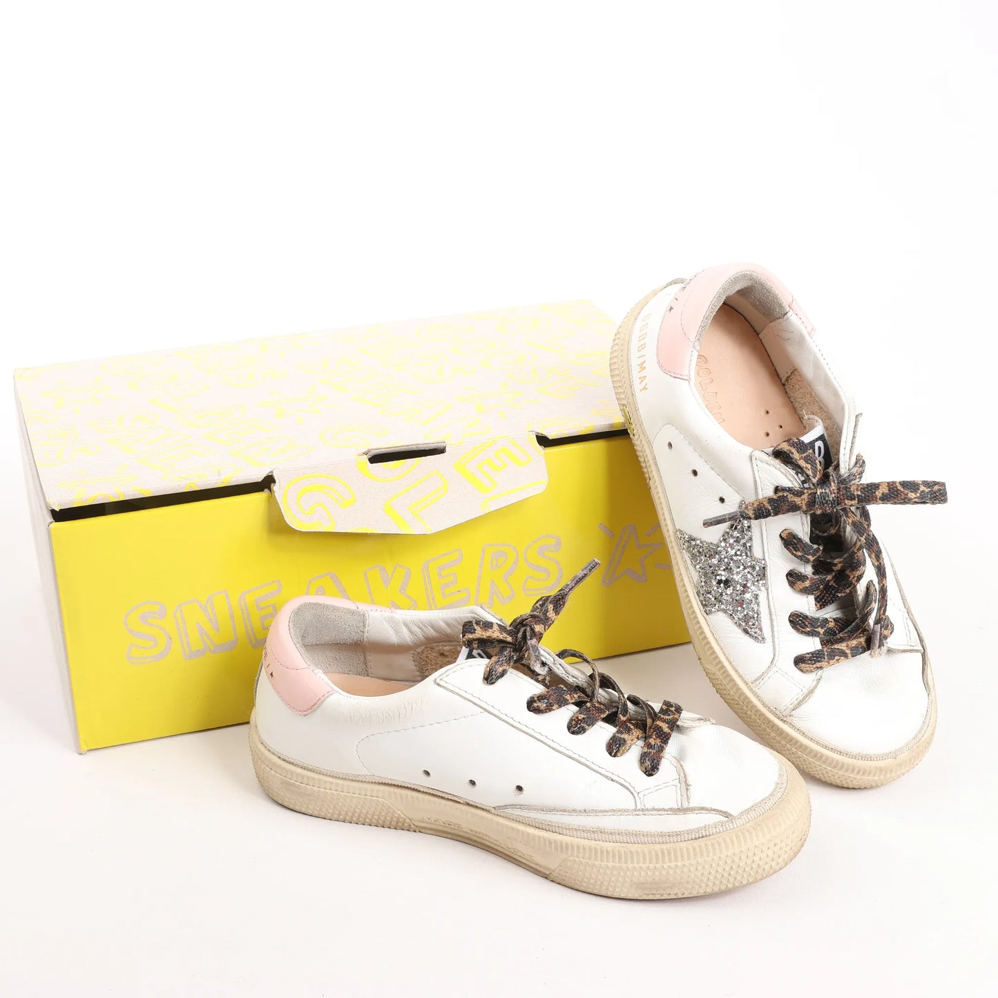 Golden Goose Glitter Star Kids Sneakers in White x Pink, Size 28 EU