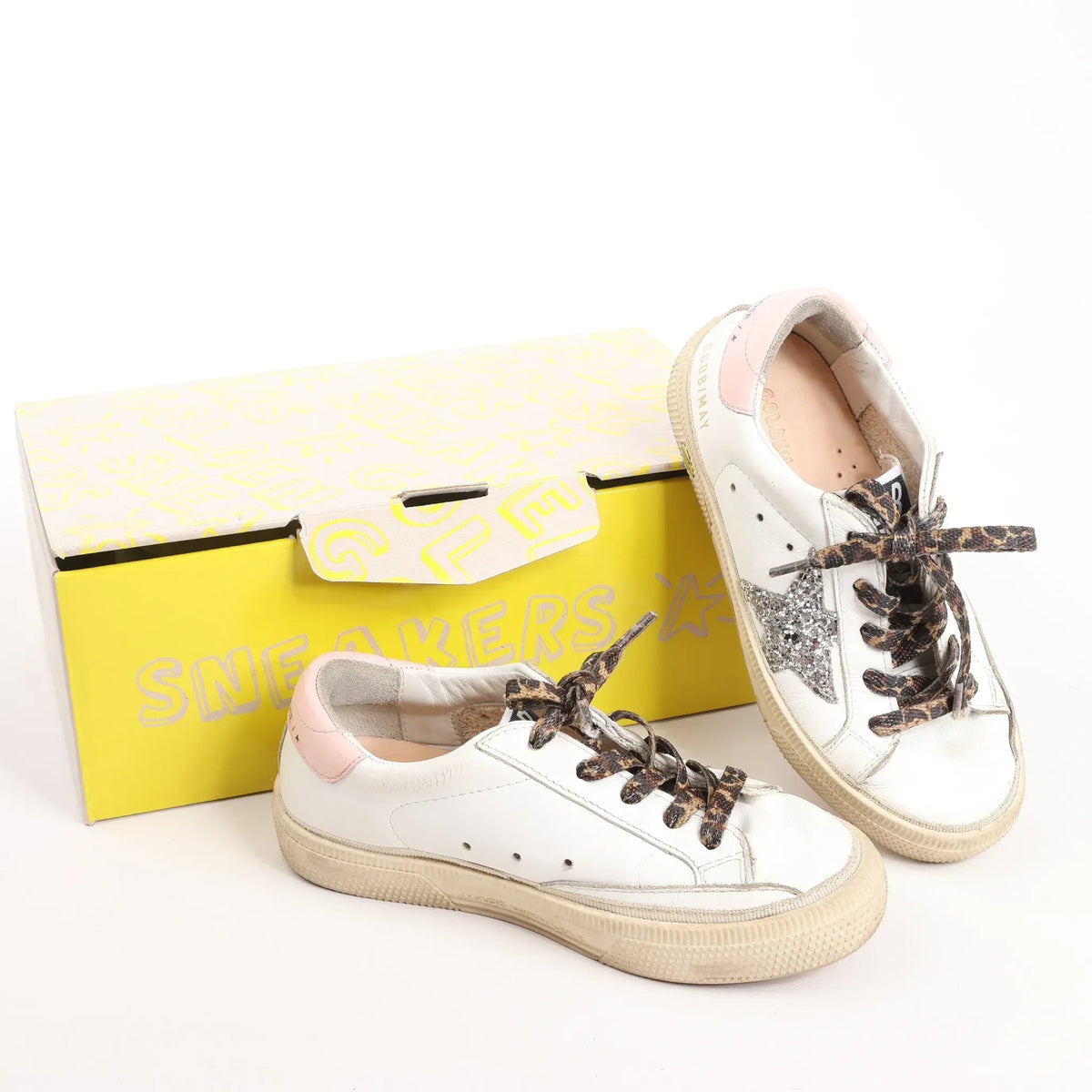 Golden Goose Glitter Star Kids Sneakers in White x Pink, Size 28 EU