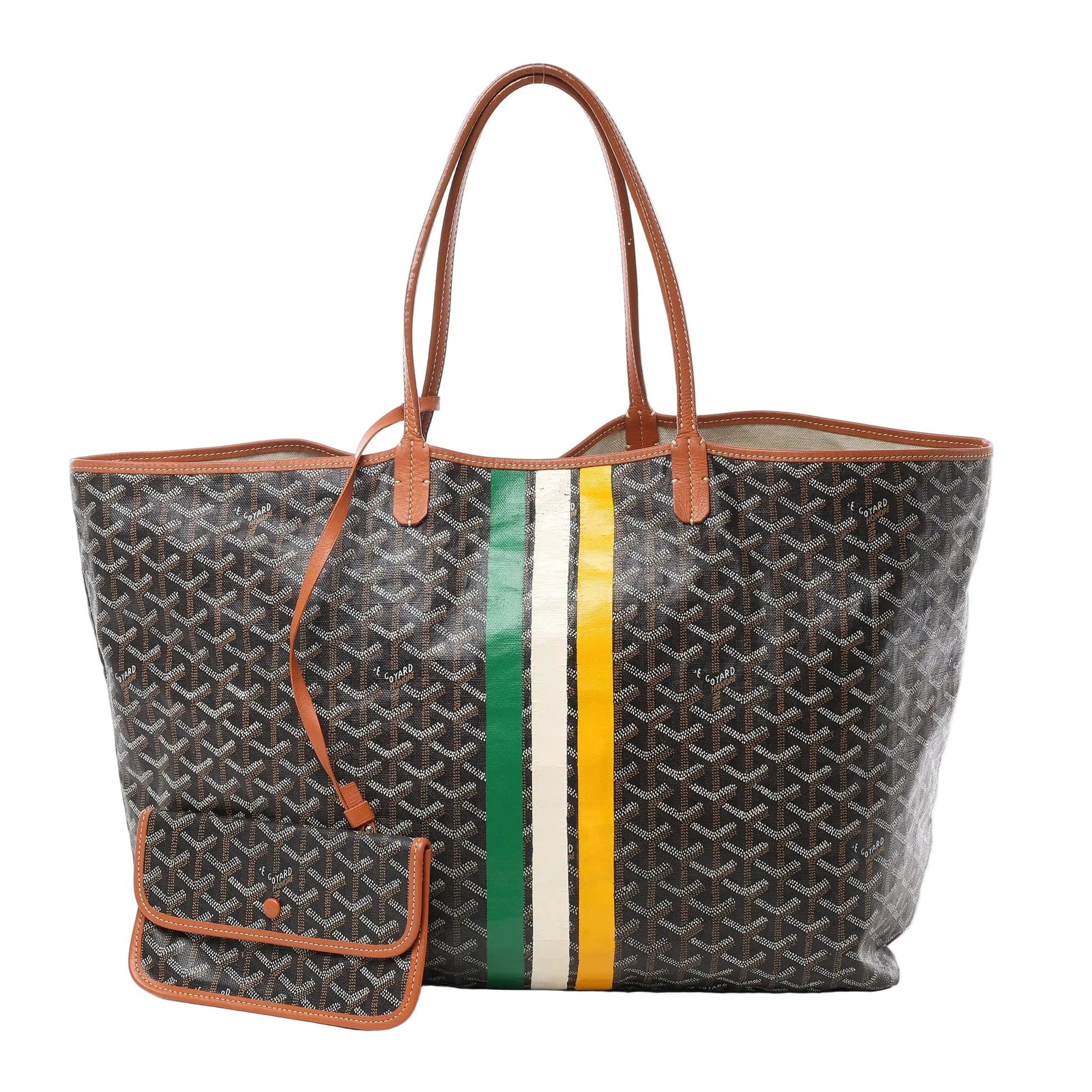 Front view of Goyard Saint Louis GM PVC and leather shoulder bag in brown with signature chevron pattern, tan leather handles and trim, vertical green, yellow, and white stripes, and matching detachable pouch against a white background.