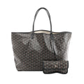 Brown Goyard Saint Louis GM tote with monogram print, black leather handles and trim, plus matching snap pouch.