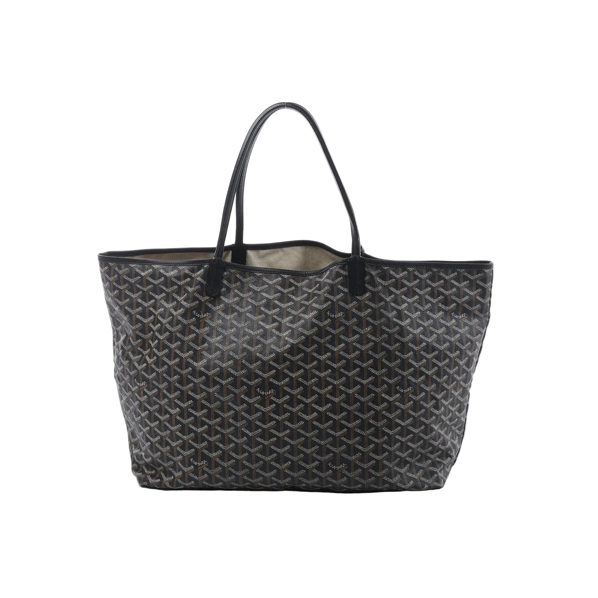 Goyard Saint Louis MM tote bag in black patterned canvas with slim black leather shoulder straps and a wide open-top silhouette.